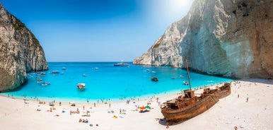 Photo of aerial view of beautiful landscape of Navagio Beach with shipwreck on Zakynthos island, Greece.