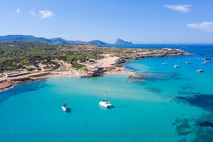 Photo of Eivissa ibiza town from red lighthouse red beacon in Balearic Islands, Spain.