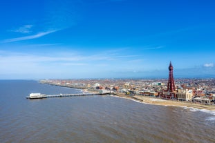 Aerial drone view of Manchester city in UK on a beautiful sunny day.