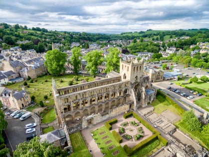 Photo of aerial view of the ruins of Jedburgh Abbey ,Jedburgh, Scottish Borders, Scotland, UK.