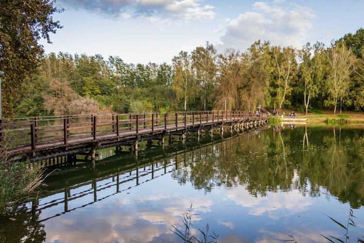 An old wooden bridge at Lake Gebart (Gebarti-to) in Zalaegerszeg, Hungary