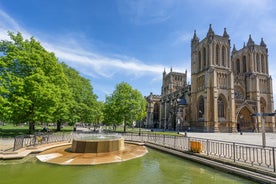 Photo of aerial view of Salisbury cathedral in the spring morning, England.