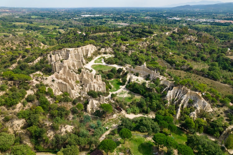 Photo of Aerial shot of the sandstone geologic organ shape formation of Ille sur Tet in south of France.