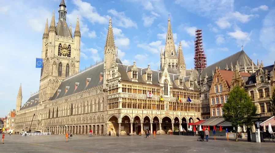 Photo of Ypres' main square with its imposing Cloth Hall,Belgium.