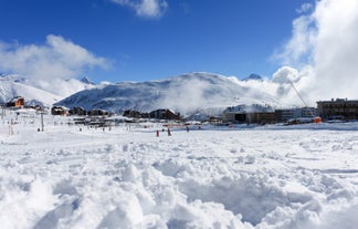 Photo of aerial view of spectacular winter landscape and mountain ski resort in French Alps ,Alpe D Huez, France.