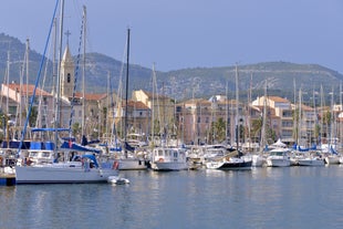 photo of an aerial view of the port of Toulon, La Seyne Sur Mer and seaside of Rade des vignettes in France.