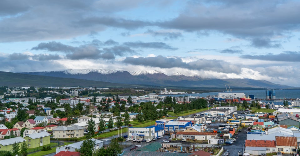 Aerial view of Akureyri town in Iceland .