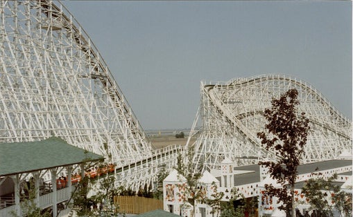 photo of view Wooden roller coaster Sierra Tonante at Mirabilandia, 2007, Ravenna, Italy.