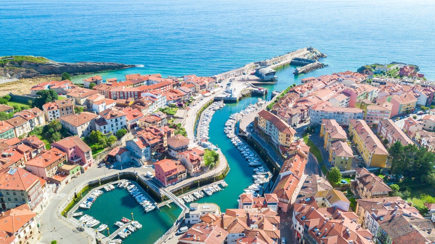 Photo of aerial view of llanes fishing town in asturias, spain.