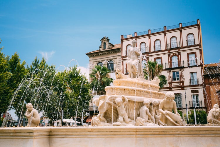 Photo of fountain on the Puerta de Jerez in Seville, Spain.