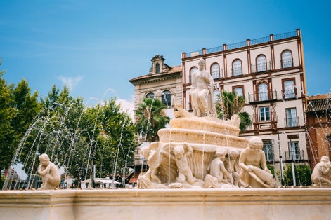 Photo of fountain on the Puerta de Jerez in Seville, Spain.