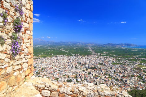 photo of view of Argos town seen from Kastro Larissa, a Venetian fortress built on top of the old Greek citadel, Greece,Municipality of Argos and Mykines Greece.