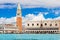 photo of Venice landmark, view from sea of Piazza San Marco or st Mark square, Campanile and Ducale or Doge Palace. Italy.