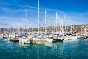 View of Mediterranean luxury resort and bay with yachts. Nice, Cote d'Azur, France. 