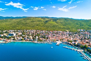 Photo of aerial view of Historic Adriatic town of Krk aerial view, Island of Krk, Kvarner bay of Croatia.