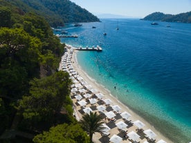 Photo of Marmaris marina with yachts aerial panoramic view in Turkey.