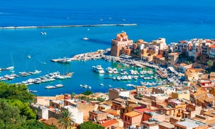 photo of an aerial panoramic view of Castellammare del Golfo town, Trapani, Sicily, Italy.