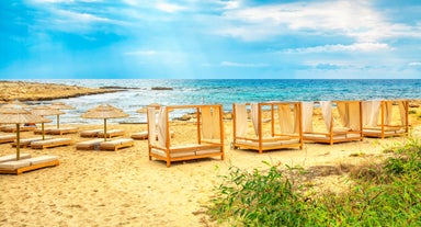 Photo of panoramic aerial view of Kalamis beach and bay in the city of Protaras, Cyprus.