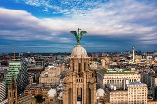 Aerial drone view of Manchester city in UK on a beautiful sunny day.