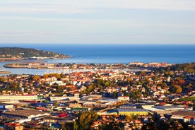 Photo of aerial view of the city of Hendaye (France). With in the foreground the Joncaux, in the middle the center of Hendaye and the bay of txingudi, and in the background the beach district with the sea.