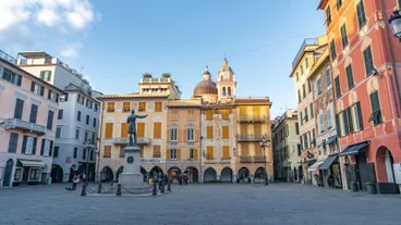 Photo of panoramic aerial view of town Rapallo in Liguria, Italy.