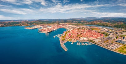 Capital of Slovenia, panoramic view with old town and castle.