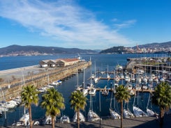 Photo of aerial view of the town of Cangas in the Bay of Vigo, Galicia, Spain.