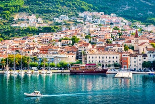 Photo of aerial view of gorgeous azure scene of summer Croatian landscape in Podgora, Dalmatia, Croatia.