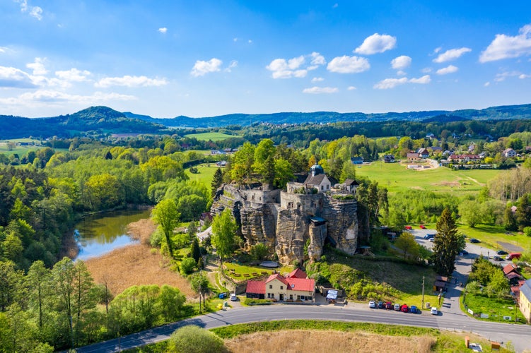 Aerial view of Sloup Castle in Northern Bohemia, Czechia. Sloup rock castle in the small town of Sloup v Cechach, in the Liberec Region, north Bohemia, Czech Republic.