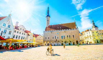 Scenic summer view of the Old Town and sea port harbor in Tallinn, Estonia.