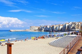 Photo of view of Cefalu and Promontorio de Torre Caldura seen from Norman Castle, La Rocca park, Italy.