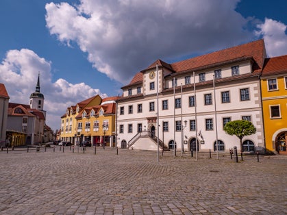 Photo of Market square with town hall in Hoyerswerda, Germany.