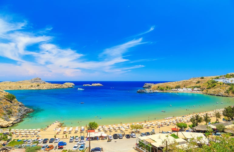 Photo of scenic Rhodes island, Lindos bay, Greece.