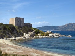 Photo of view of beautiful sandy Campulongu beach, Sardinia island, Italy.