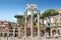 PHOTO OF The 3 columns Corinthian order of the temple of Castor and Pollux (Tempio dei Dioscuri) is an ancient edifice in the Roman Forum, Rome, Italy.