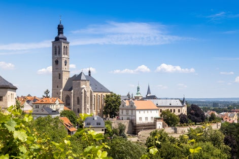 Photo of aerial view of gothic st. Jacob church from 1330 and Italian court, Kutna Hora, Czech republic.