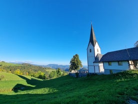 Capital of Slovenia, panoramic view with old town and castle.