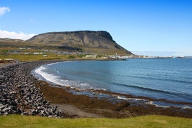 Panoramic view of Reykjavik, the capital city of Iceland, with the view of harbor and mount Esja.