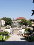 Bern, Switzerland. View of the old city center and Nydeggbrucke bridge over river Aare.