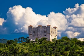 Photo of aerial view of town of Senj and Nehaj fortress , Adriatic sea, Primorje region of Croatia.