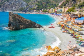 Photo of aerial view of Levanto or Levante, a beautiful fishing village in Liguria, Italy.