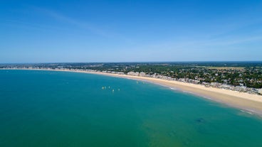 Photo of aerial view of the famous Saint Nazaire bridge over la Loire river in Loire Atlantique, France.