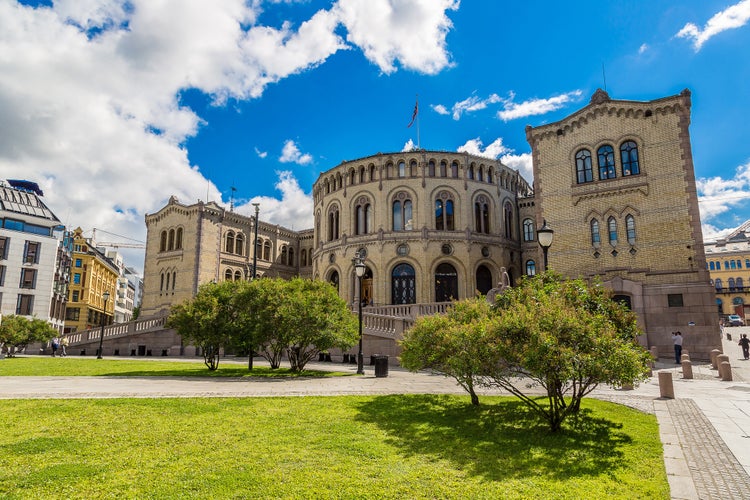 photo of view of Oslo parliament in Norway in Oslo in a summer day