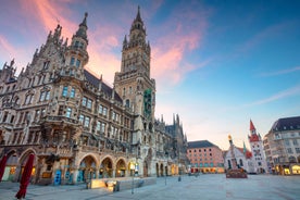 Aerial view on Marienplatz town hall and Frauenkirche in Munich, Germany.