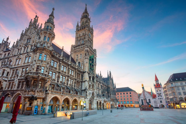 Photo of cityscape image of Marien Square in Munich, Germany during twilight blue hour.