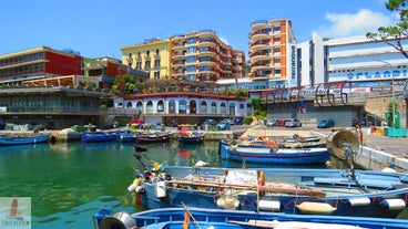 Photo of aerial view of beautiful coastal landscape with old town of Gaeta, Italy.