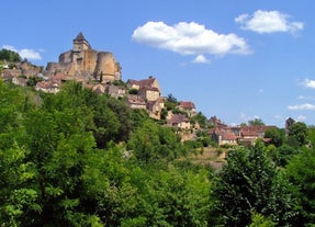 photo of the Bergerac town from bridge over Dordogne River in France.