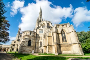 Photo of aerial view of Salisbury cathedral in the spring morning, England.