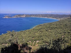 Photo of panoramic aerial view of Palaiokastritsa, Corfu, Greece.