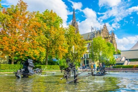 View of the Old Town of Basel with red stone Munster cathedral and the Rhine river, Switzerland.